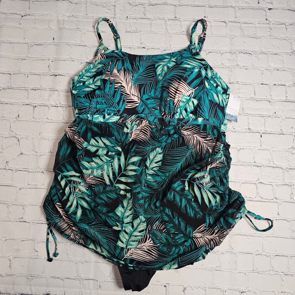 Swim by Cacique Tropical Palm Leaf Blouson One Piece Swimsuit Teal Green 20 NEW